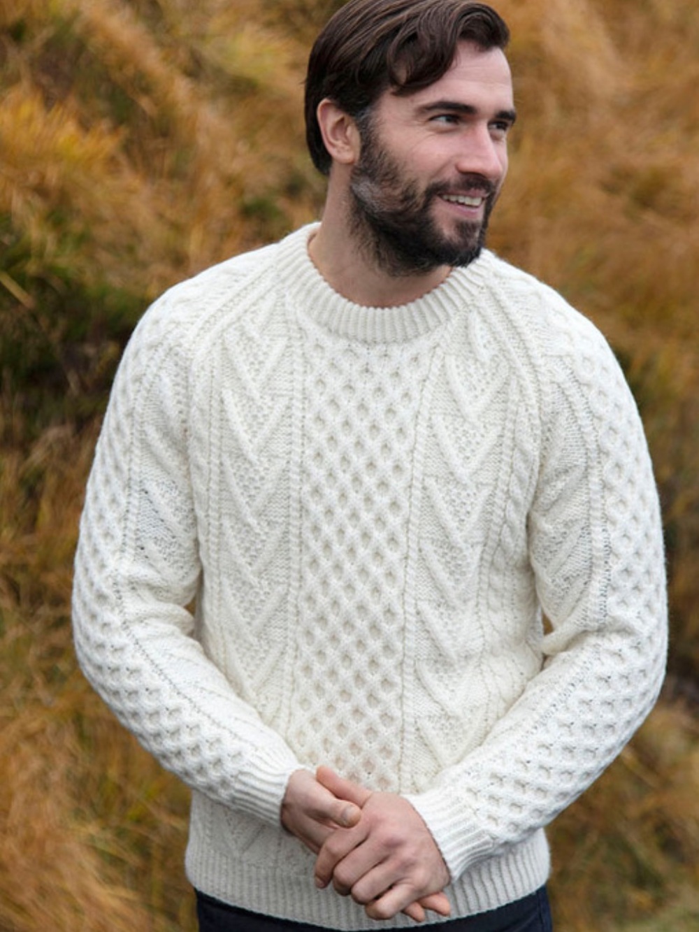 Aran Sweater Market Mens Cable Hand-knit Merino Wool Chevron Stitch Sweater XL